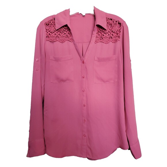 Express Portofino Slim Pink Crochet Detail Button-Up Shirt Size M Roll-Tab Slv - Picture 1 of 7